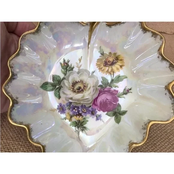 Vintage Lusterware Leaf Floral Candy Dish Limoges Elegant Victorian Romance - Picture 2 of 5